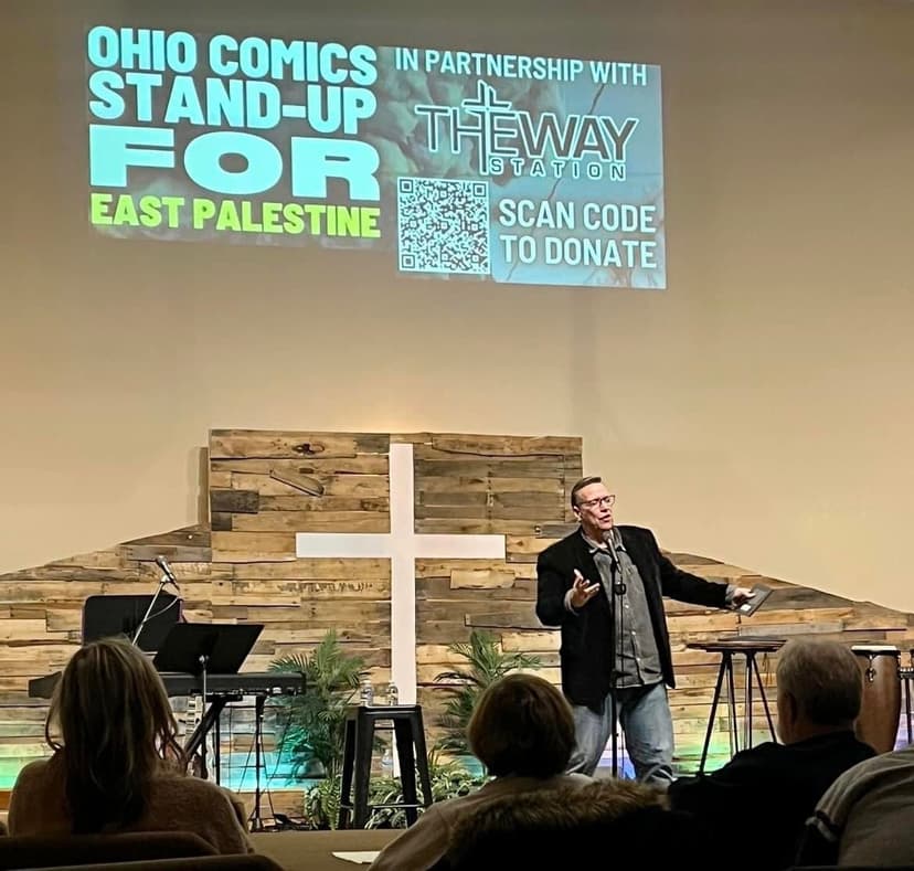 Eric Thompson takes the stage at a church fundraiser, bringing his signature blend of comedy and warmth to support a great cause - in this case, standing up for East Palestine.