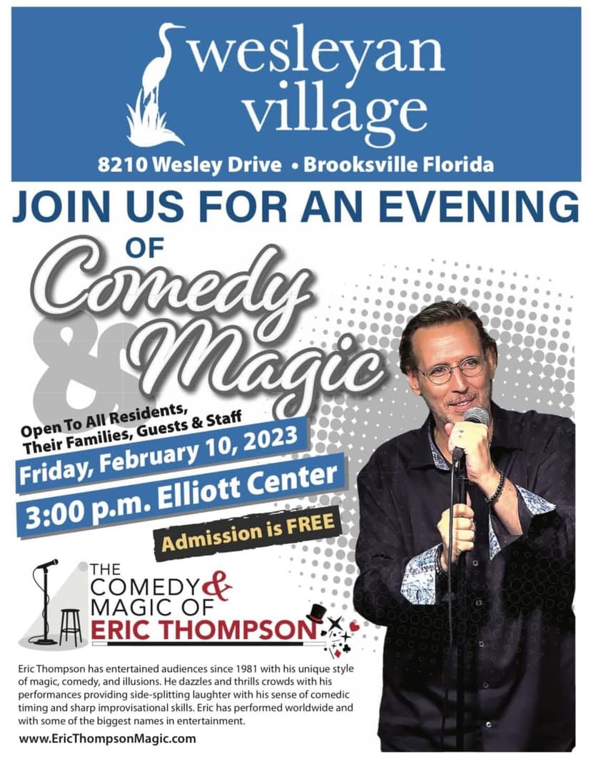 Eric Thompson strikes a classic entertainer's pose with microphone in hand, ready to deliver his signature blend of comedy and magic to another delighted audience.