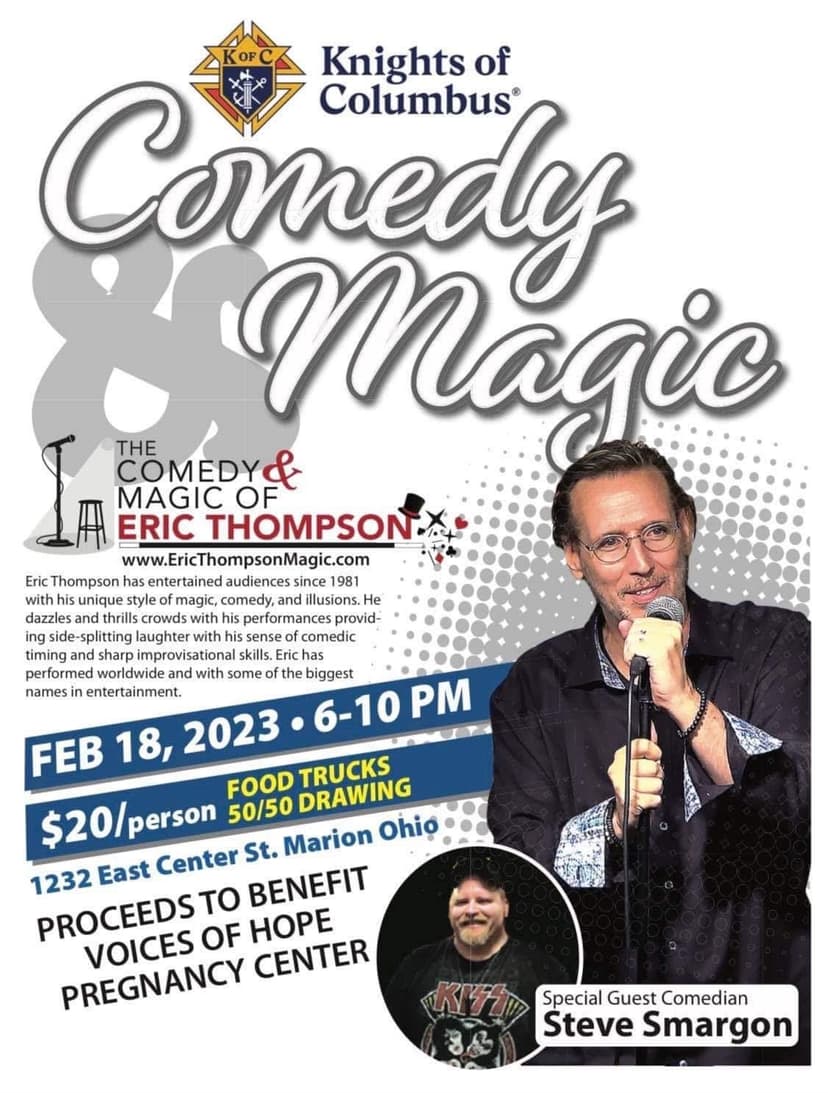 Eric Thompson takes command of the microphone at a Knights of Columbus charity event, ready to deliver his signature blend of comedy and magic to benefit the Voices of Hope Pregnancy Center.