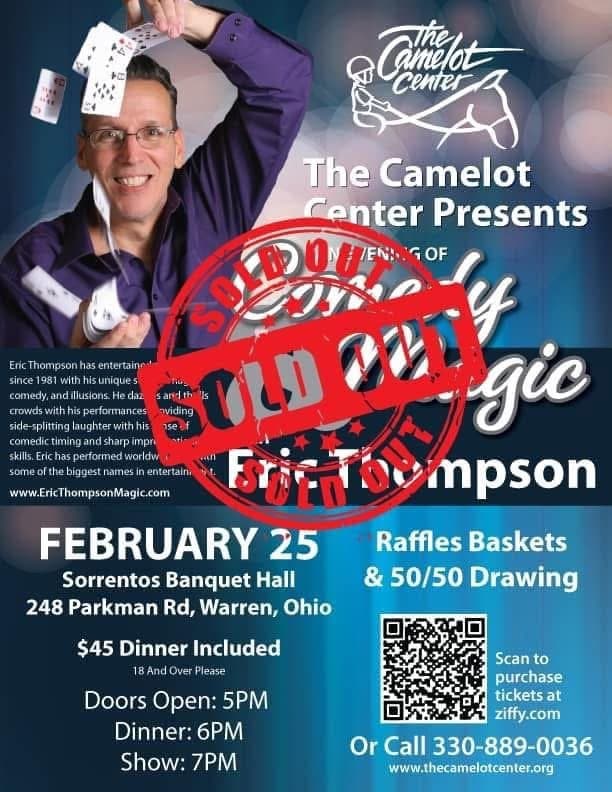 Eric Thompson strikes a classic magician's pose with playing cards in hand, perfectly capturing the theatrical flair that has made him a beloved entertainer for decades.