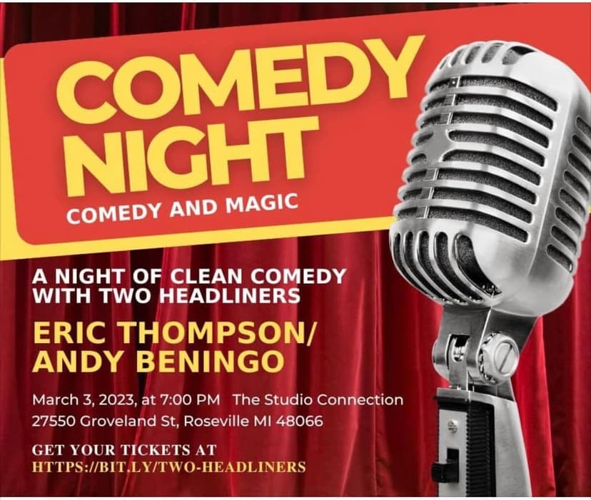 Eric Thompson's comedy night gets the promotional treatment with this eye-catching poster featuring a classic microphone and red curtain backdrop, promising an evening of clean laughs and magical entertainment alongside fellow headliner Andy Beningo.