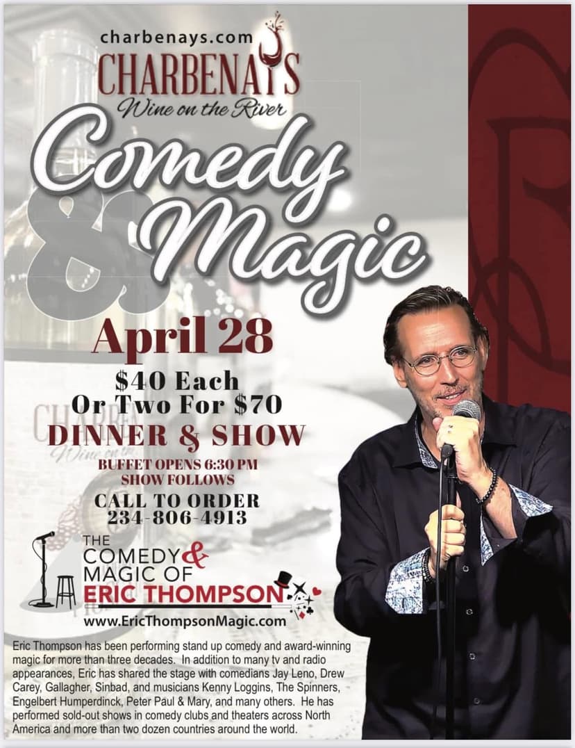 Eric Thompson commands the stage with microphone in hand, ready to deliver his signature blend of comedy and magic to an eager audience at this dinner show event.