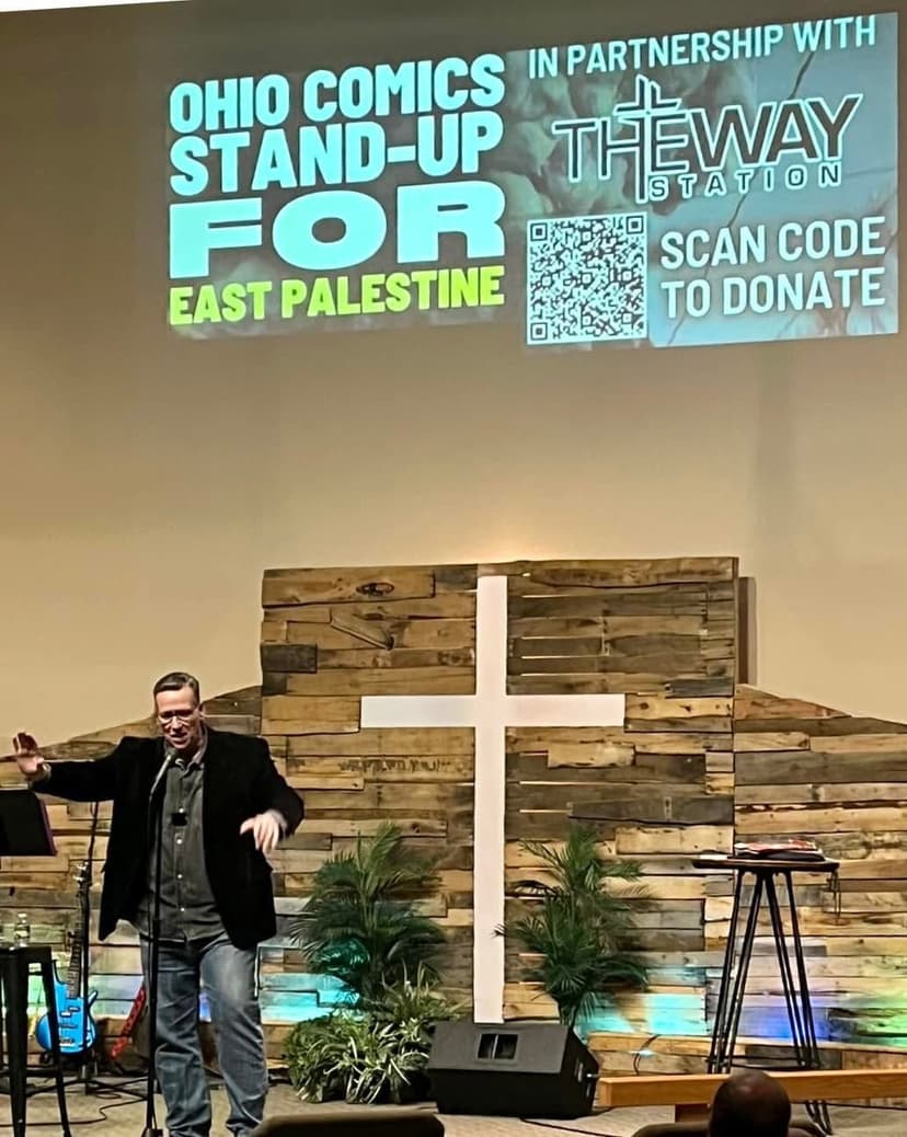 Eric Thompson brings his comedy and magic show to a church fundraiser, working the crowd with his signature charm while promoting a Stand Up for East Palestine benefit event in partnership with The Way Station.