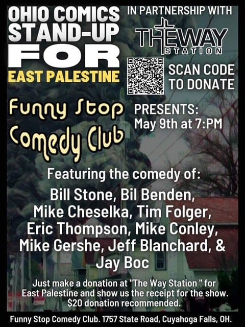 Eric Thompson joins an impressive lineup of comedians for a charity fundraiser at The Way Station, bringing laughs for a great cause supporting East Palestine.