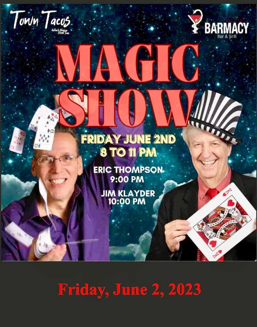 Eric Thompson gets ready to dazzle audiences with back-to-back magic shows, showcasing his signature card tricks and illusions alongside fellow magician Jim Klayder at this starry night-themed event.