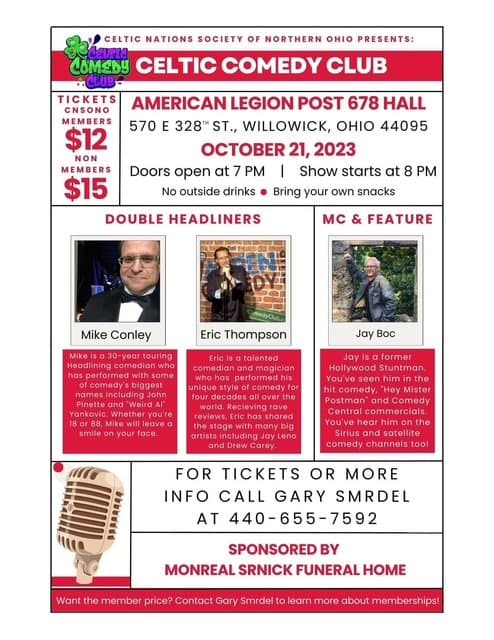 Eric Thompson takes center stage at the Celtic Comedy Club, ready to deliver his signature blend of comedy and magic to an eager audience at the American Legion Post in Willowick, Ohio.