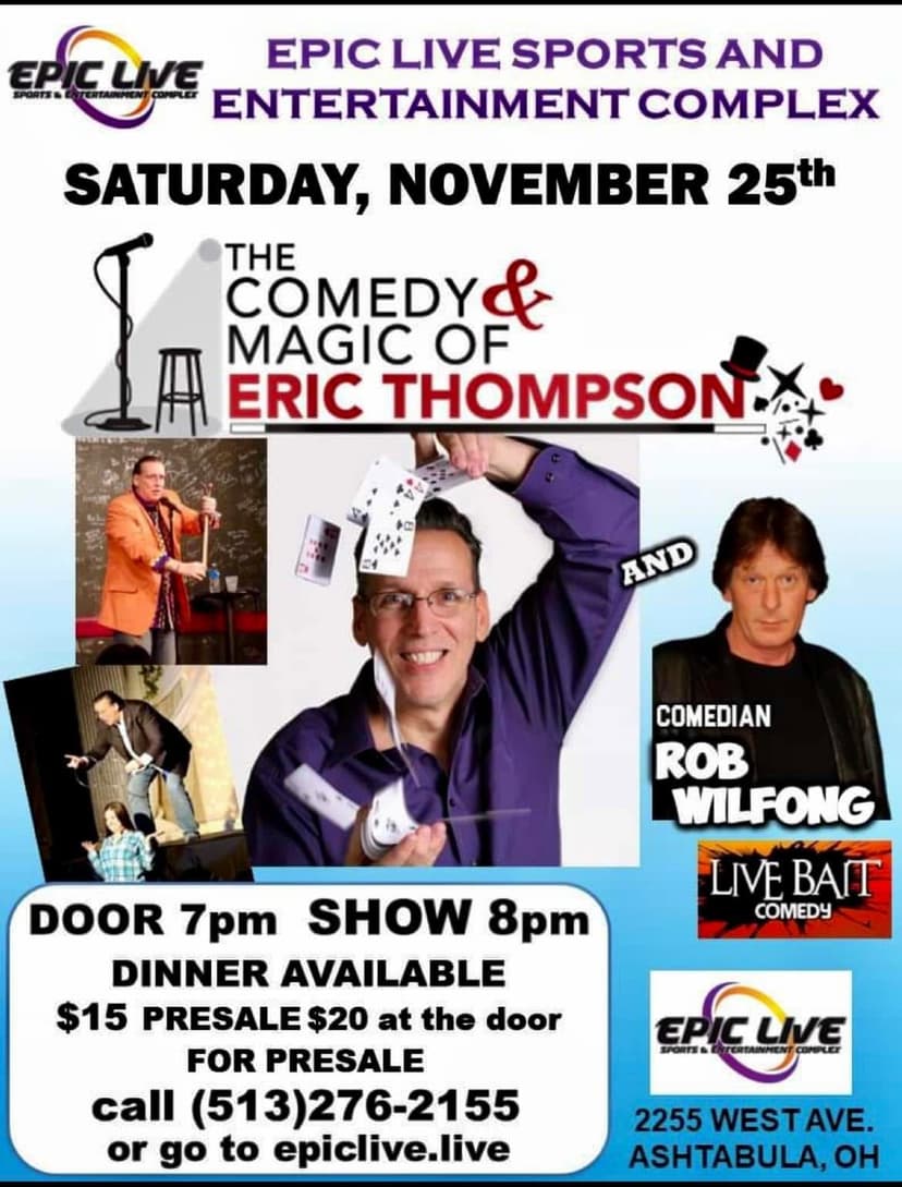 Eric Thompson dazzles with his signature card magic at the Epic Live Sports and Entertainment Complex, showing off the sleight of hand skills that have made him a crowd favorite for decades.