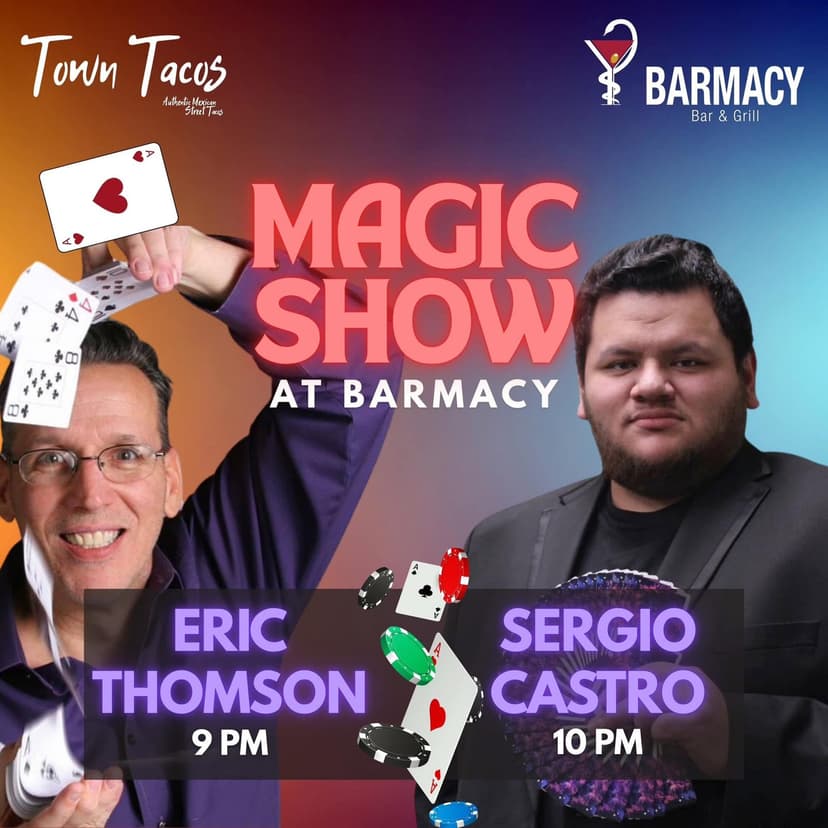 Eric Thompson gets ready to dazzle audiences with a dynamic magic show lineup at Barmacy Bar & Grill, showcasing his signature card tricks alongside fellow performer Sergio Castro for what promises to be an unforgettable evening of entertainment.