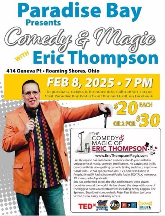 Eric Thompson strikes a classic showman's pose in his signature orange jacket, microphone in hand and ready to dazzle audiences with his unique blend of comedy and magic at this upcoming Paradise Bay show.