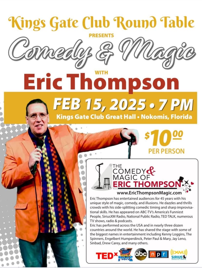 Eric Thompson strikes a classic entertainer's pose in his signature bright orange jacket, ready to dazzle audiences with his unique blend of comedy and magic at the Kings Gate Club.