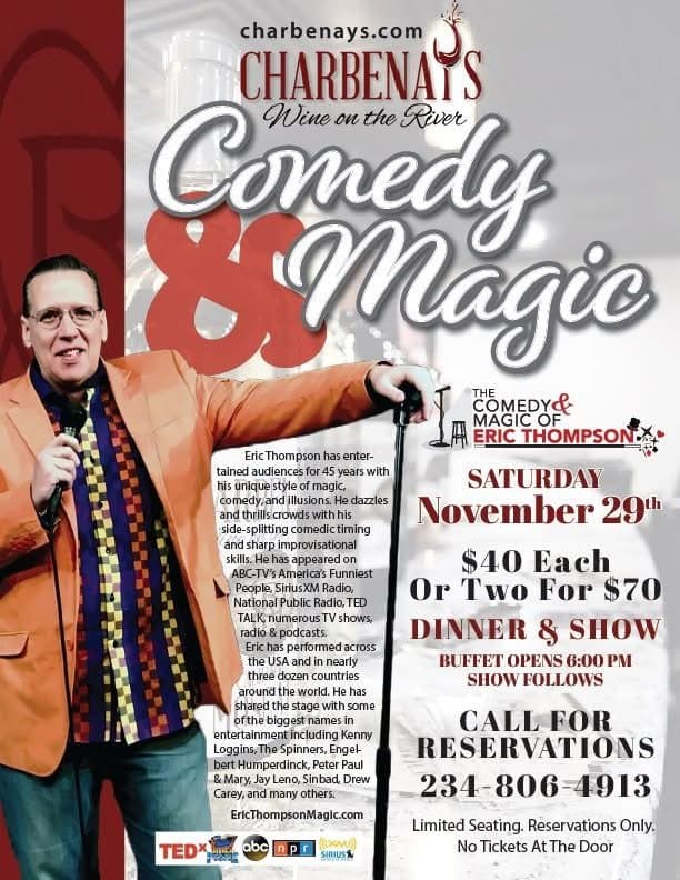 Eric Thompson strikes a classic magician's pose in this promotional shot, showcasing the theatrical flair and showmanship that has made him a favorite entertainer for over four decades.