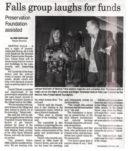 Eric Thompson shares a magical moment with an assistant during a fundraising event for the Newton Falls Preservation Foundation, bringing laughter and wonder to support a great cause.