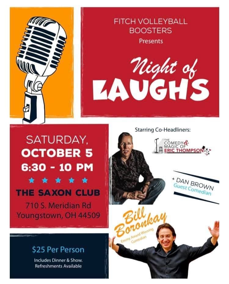 Eric Thompson takes center stage in this promotional poster for a comedy night fundraiser, showing off his engaging showman persona that has entertained audiences for decades.