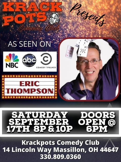 Eric Thompson grins for the camera in this promotional photo for his upcoming show at Krackpots Comedy Club, where he'll be bringing his signature blend of comedy and magic to the stage.
