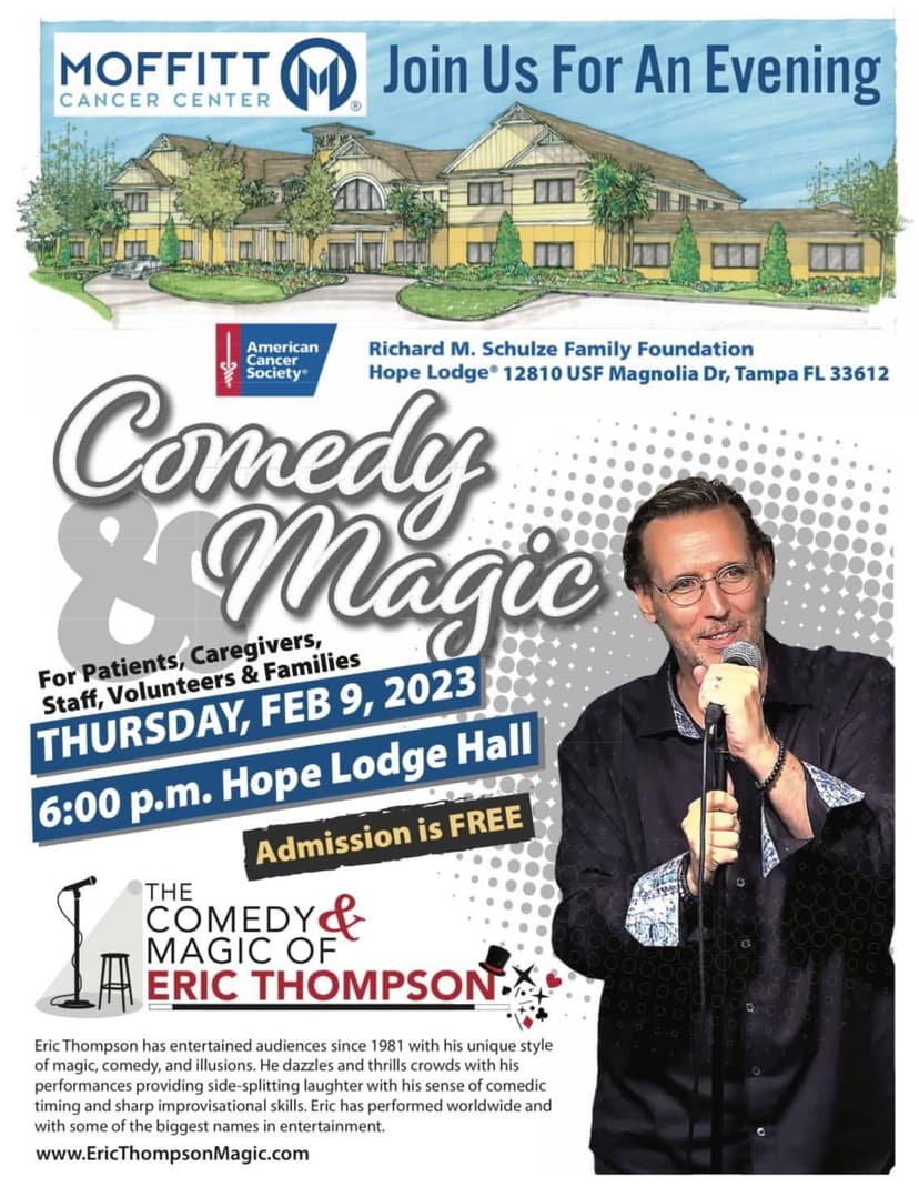 Eric Thompson takes the stage with microphone in hand, ready to deliver his signature blend of comedy and magic that has delighted audiences for decades. The seasoned entertainer flashes his characteristic smile as he prepares to work his comedic magic at this special fundraiser event.