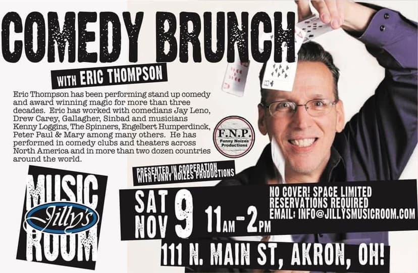 Eric Thompson shows off his magical skills with a dazzling card flourish, promoting his comedy brunch show at Jilly's Music Room in Akron with his signature blend of humor and sleight of hand.