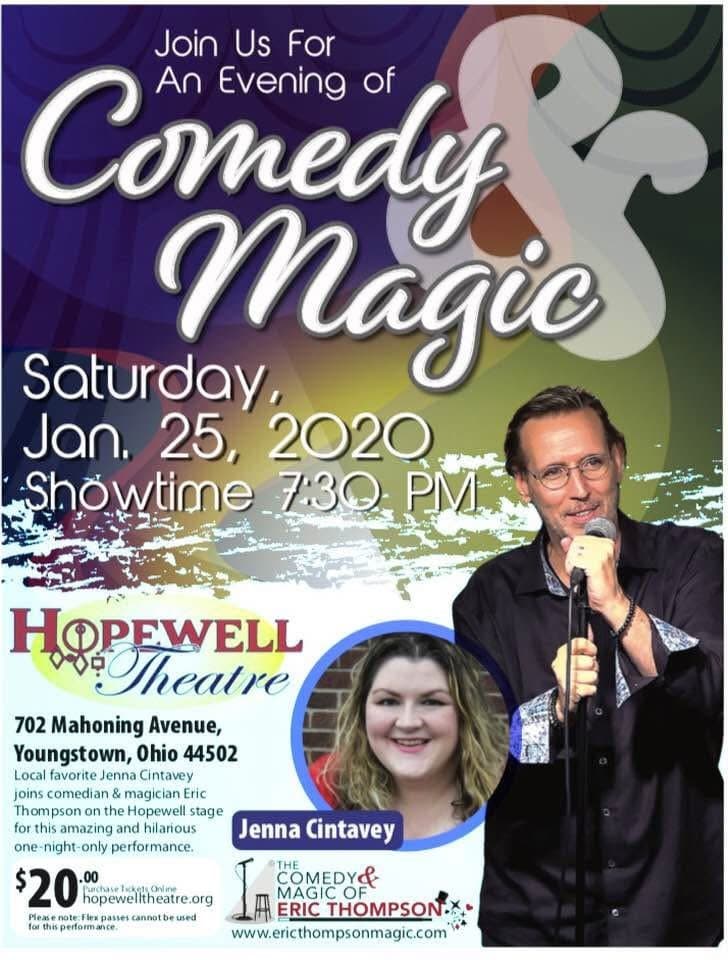 Eric Thompson takes center stage with microphone in hand, ready to deliver his signature blend of comedy and magic to an eager audience at the Hopewell Theatre.