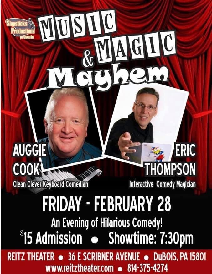 Eric Thompson teams up with fellow entertainer Auggie Cook for an evening of 'Music, Magic & Mayhem' at the historic Reitz Theater, promising audiences a night of hilarious comedy and interactive entertainment.