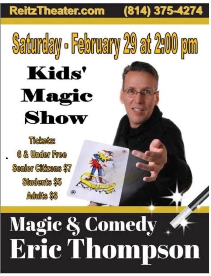 Eric Thompson showcases his magical prowess in this promotional shot for his Kids' Magic Show, demonstrating a classic card trick that's sure to delight young audiences at the Reitz Theater.