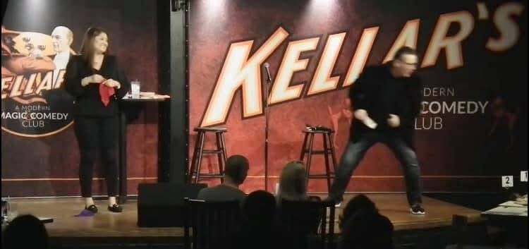 Eric Thompson brings his signature blend of comedy and magic to the stage at Keller's Comedy Club, working the crowd with his warm, engaging style that has delighted audiences for decades.