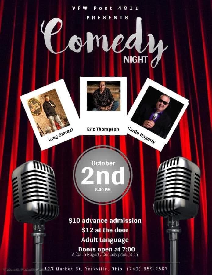 Eric Thompson takes center stage in this eye-catching comedy night promotional poster, sharing the spotlight with fellow comedians Greg Smidel and Carlin Hagerty for what promises to be a night of laughs at the VFW Post.