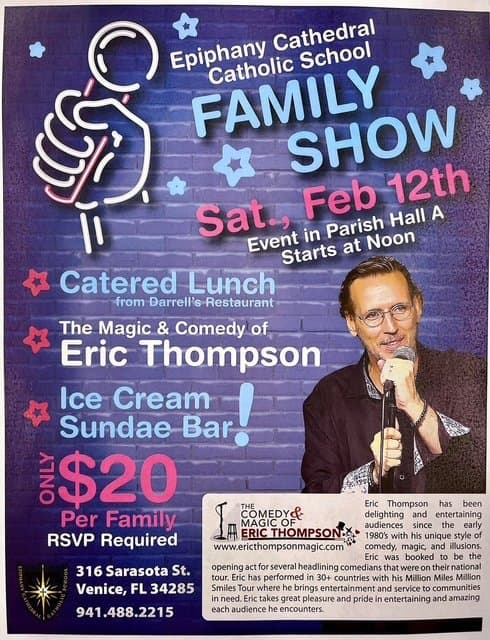 Eric Thompson promotes his upcoming family-friendly show at Epiphany Cathedral Catholic School, promising an afternoon of magic, comedy, and ice cream sundaes that's sure to delight audiences of all ages.
