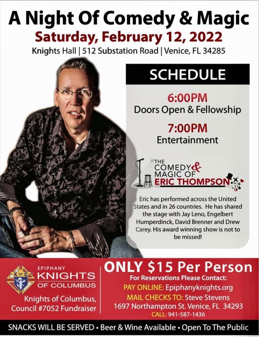 Eric Thompson strikes a professional pose in his signature patterned shirt, ready to bring his award-winning blend of comedy and magic to another enthusiastic audience.