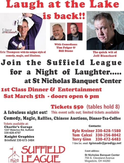 Eric Thompson takes center stage in this promotional flyer for 'Laugh at the Lake,' promising an evening of his signature blend of comedy, magic, and illusion alongside fellow comedians at the Suffield League fundraiser.