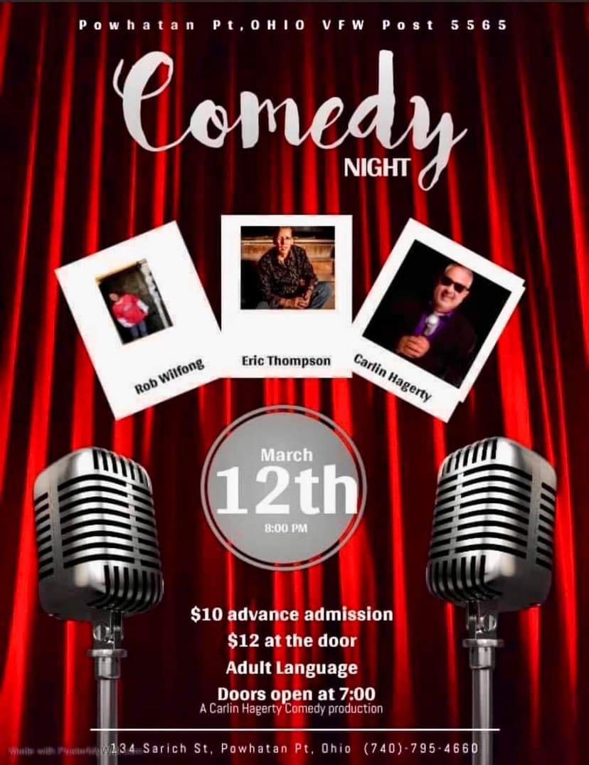 Eric Thompson takes center stage in this promotional poster for a comedy night featuring three talented performers at the Powhatan Pt. VFW Post, with classic microphones and red curtain backdrop setting the perfect atmosphere for an evening of laughs.