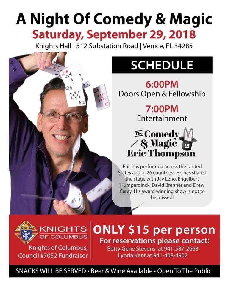 Eric Thompson flashes his signature smile while displaying a fan of playing cards, ready to dazzle audiences with his award-winning blend of comedy and magic at this Knights of Columbus fundraiser.