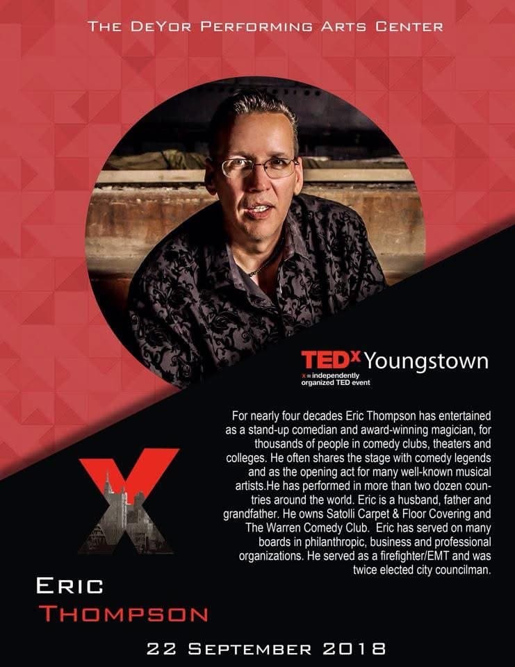 Eric Thompson strikes a confident pose for this professional TEDx Youngstown promotional photo, showcasing the polished presentation style that has made him a sought-after entertainer for nearly four decades.