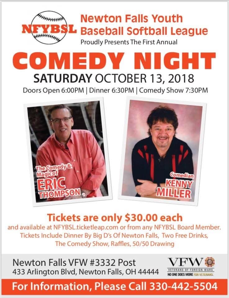 Eric Thompson takes center stage at this Newton Falls Youth Baseball Softball League fundraiser, sharing the comedy spotlight with fellow entertainer Kenny Miller for what promises to be a night of laughter and community support.