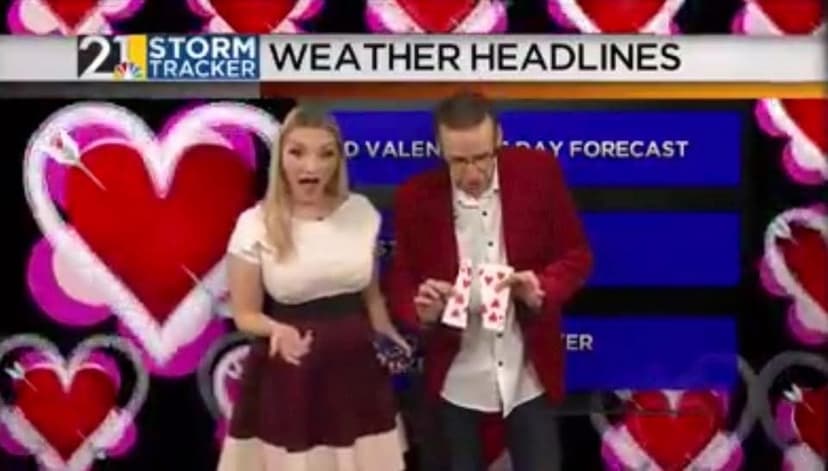 Eric Thompson brings his signature charm to a Valentine's Day weather forecast, proving that comedy and magic can make even the most routine TV segments absolutely delightful.