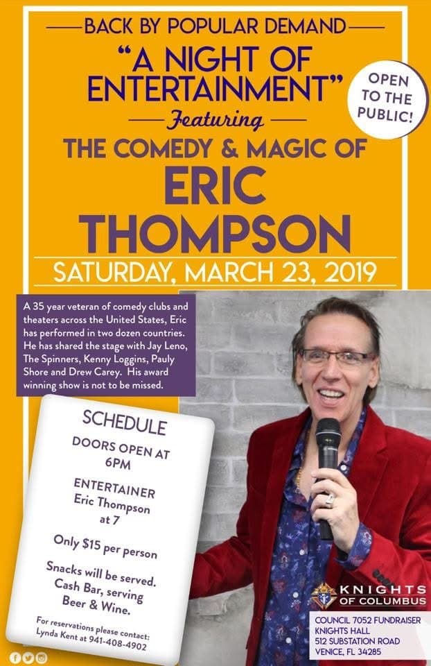 Eric Thompson strikes a charismatic pose in this promotional photo for his 'Night of Entertainment' show, flashing his trademark smile while holding a microphone and sporting a sharp red blazer that's sure to command attention on stage.