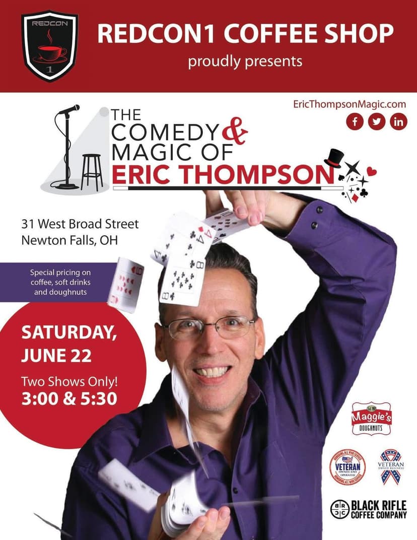 Eric Thompson demonstrates his magical prowess with a dramatic card flourish, showcasing the sleight of hand skills that have made him a favorite entertainer for decades.