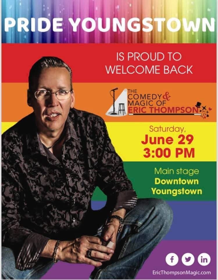 Eric Thompson strikes a confident pose in this vibrant promotional photo for Pride Youngstown, where he's set to bring his signature blend of comedy and magic to the main stage downtown.