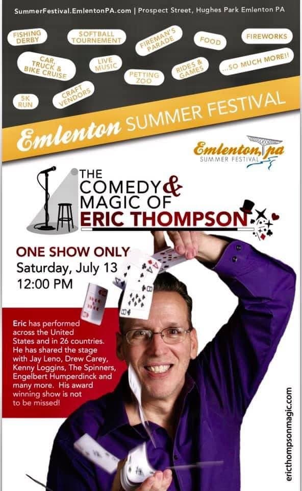 Eric Thompson shows off his magical prowess with a dazzling card flourish, his signature purple jacket and infectious smile ready to wow the crowd at this summer festival performance.