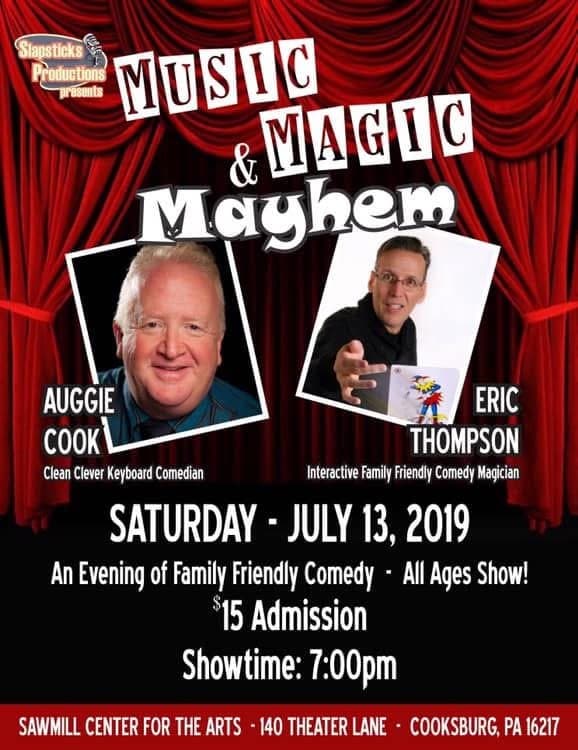 Eric Thompson teams up with fellow comedian Auggie Cook for an evening of 'Music, Magic & Mayhem' at the Sawmill Center for the Arts, promising family-friendly laughs and interactive entertainment.