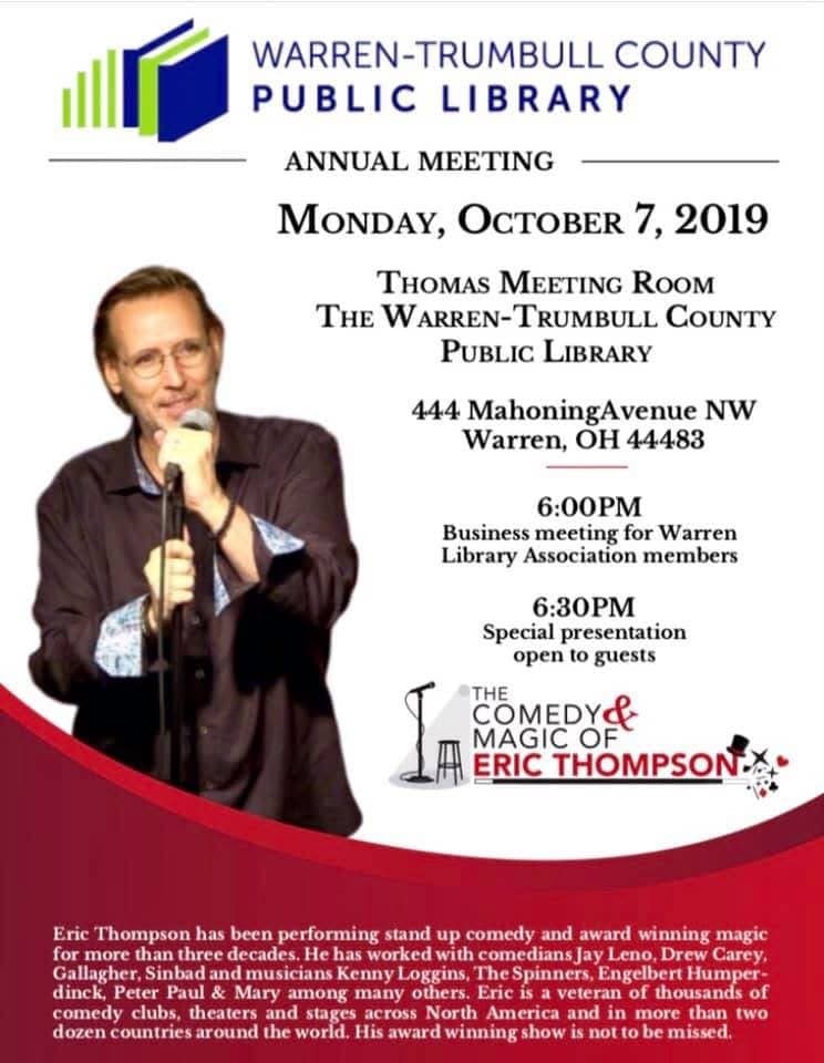 Eric Thompson commands the microphone at the Warren-Trumbull County Public Library's annual meeting, bringing his signature blend of comedy and magic to an eager Ohio audience.