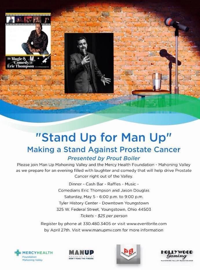 Eric Thompson takes center stage at a prostate cancer awareness fundraiser, bringing his signature blend of magic and comedy to support an important cause in downtown Youngstown.