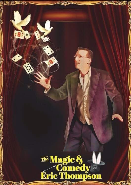 Eric Thompson dazzles in this classic promotional shot, producing white doves and playing cards from his top hat in a stunning display of theatrical magic that captures the essence of his entertaining stage presence.