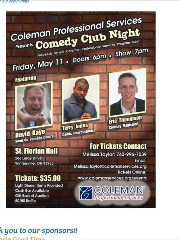 Eric Thompson takes center stage at this fundraiser comedy night, sharing the bill with fellow comedians David Kaye and Terry Jones for a great cause at St. Florian Hall.