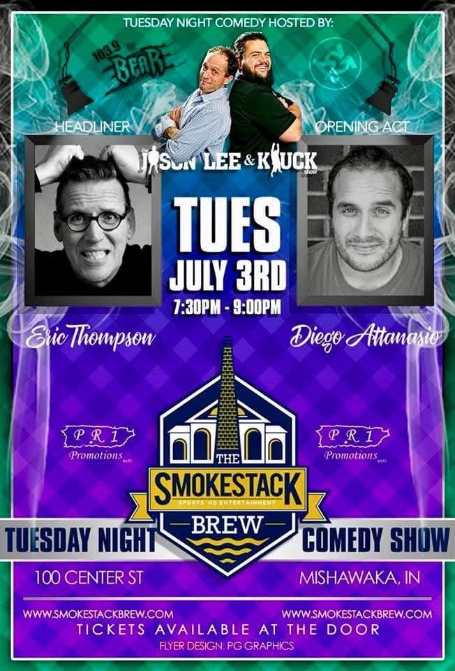 Eric Thompson gets ready to headline another fantastic Tuesday night at The Smokestack Brew, sharing the bill with fellow comedian Diego Attanasio for what promises to be an evening of non-stop laughs.